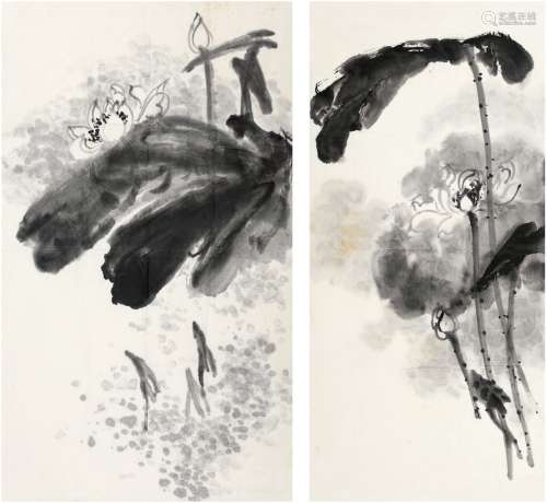 刘海粟（1896～1994） 白菡萏开初过雨·墨荷图 画心（二帧） 水墨纸本