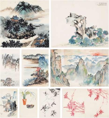 夏伊乔（1918～2012） 山水花卉九帧 画心（九帧） 设色纸本·水墨