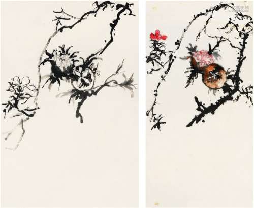 刘海粟（1896～1994） 石榴图二帧 画心（二帧） 设色纸本·水墨纸本
