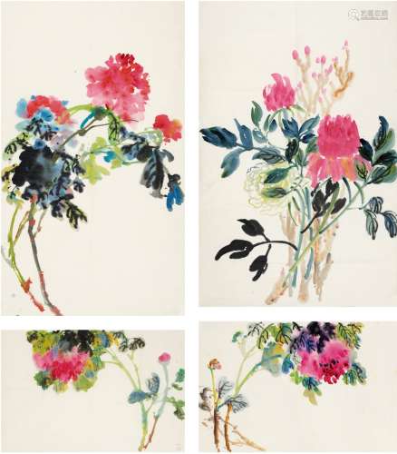 夏伊乔（1918～2012） 牡丹四帧 画心（四帧） 设色纸本