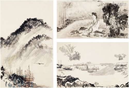 夏伊乔（1918～2012） 山水人物三帧 画心（三帧） 水墨纸本·设色纸本