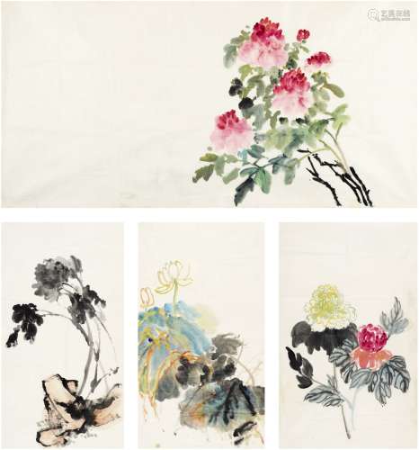 夏伊乔（1918～2012） 花卉四帧 画心（四帧） 设色纸本