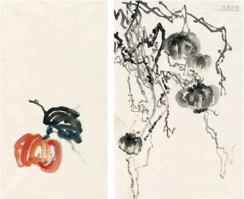 刘海粟（1896～1994） 南瓜图二帧 画心（二帧） 设色纸本·水墨纸本