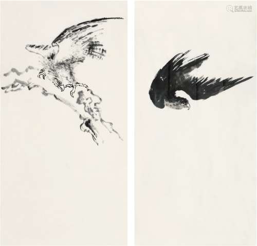 刘海粟（1896～1994） 鲲鹏展翅图·立鹰图 画心（二帧） 水墨纸本