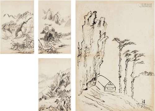 刘海粟（1896～1994） 策杖小景图·云山访友图 画心（二帧） 水墨纸本