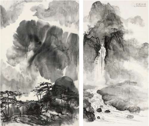 刘海粟（1896～1994） 泼墨山水二种 画心（二帧） 水墨纸本