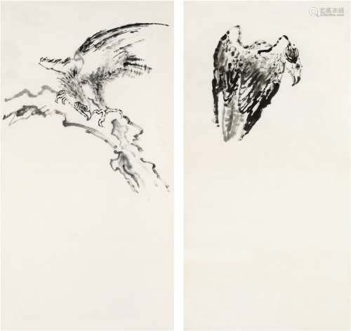 刘海粟（1896～1994） 立鹰图·灵鹫图 画心（二帧） 水墨纸本