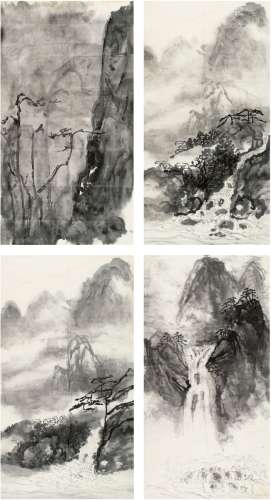 刘海粟（1896～1994） 山水四屏 画心（四帧） 水墨纸本