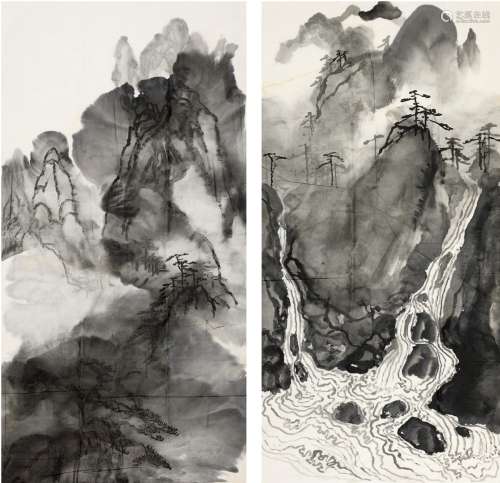 刘海粟（1896～1994） 泼墨黄山二种 画心（二帧） 水墨纸本