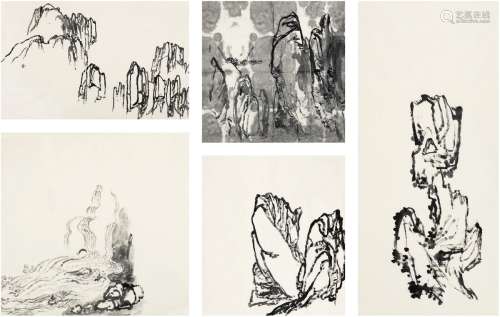 刘海粟（1896～1994） 山石稿四种·水稿 画心（五帧） 水墨纸本