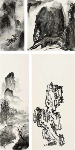 刘海粟（1896～1994） 山水奇石四种 画心（四帧） 水墨纸本
