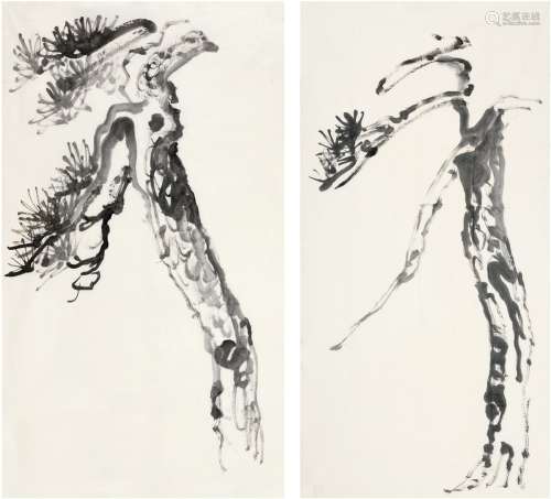 刘海粟（1896～1994） 墨松二帧 画心（二帧） 水墨纸本