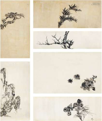 刘海粟（1896～1994） 早年仿古山水花卉六帧 画心（六帧） 水墨纸本