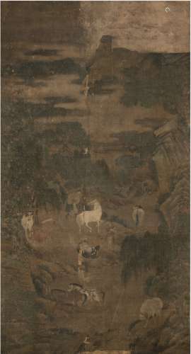 赵孟頫（1254～1322）（款） 牧马图 立轴 设色绢本