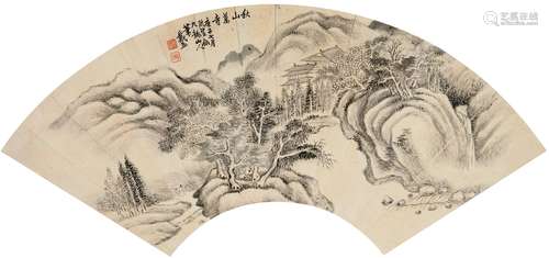 戴熙（1801～1860）（款） 1840年作 秋山萧寺图 扇页 水墨纸本