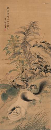 方薰（1736～1799）（款） 花间猫戏图 立轴 设色绢本