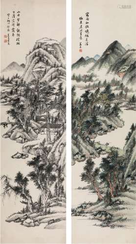 陈崇光（1838～1896） 宿雨晓烟图·山静观槿图 立轴（二轴） 设色纸本