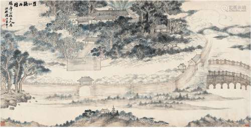 陈澧（1810～1882） 罗江听雨图 横披 设色纸本