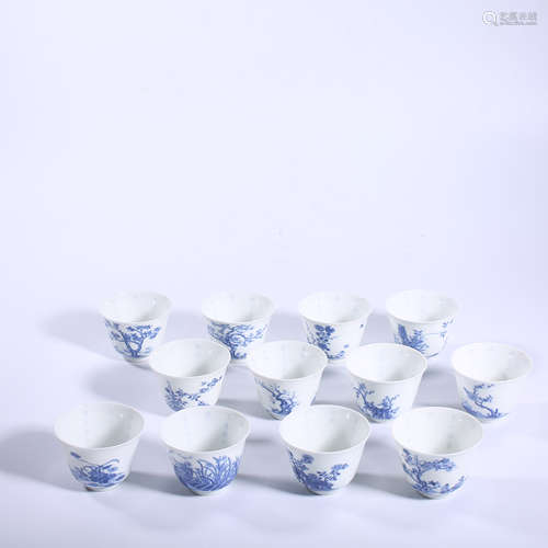 A set of Qing Dynasty Kangxi blue and white flower god cup