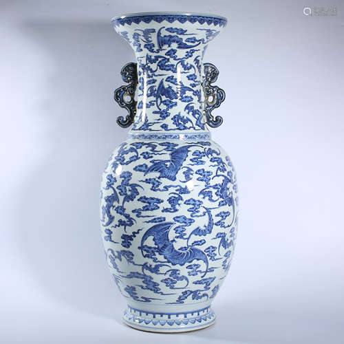 Qing Dynasty Qianlong blue and white double ear bottle