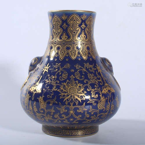 Qing Dynasty Qianlong blue bottom gold colored bottle