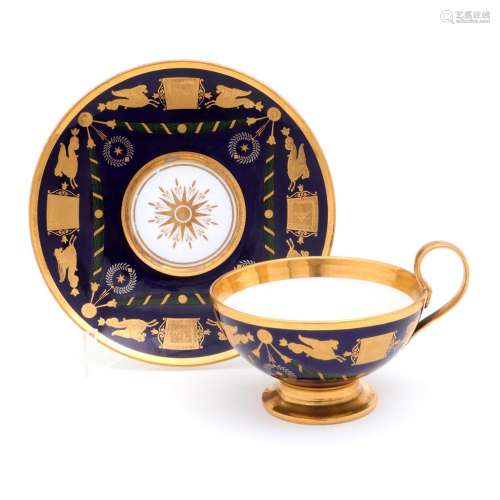 AN EMPIRE CUP AND SAUCER WITH MASONIC SYMBOLS