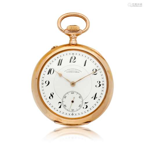 A pink gold open face keyless watch with enamel dial, Circa ...