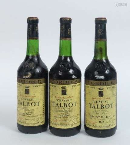 3 BOUTEILLES CHÂTEAU TALBOT GCC ST JULIEN : 2 DE 1974 - 1 DE...