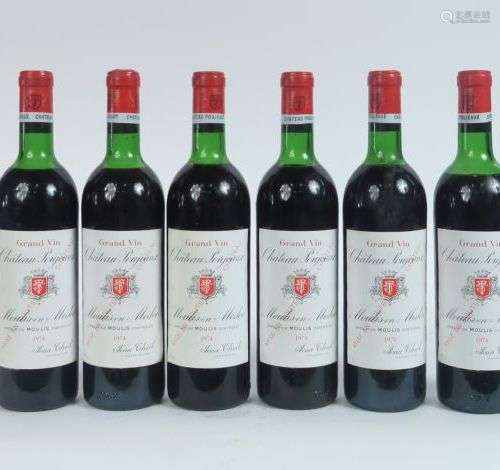 6 BOUTEILLES CHÂTEAU POUJEAUX MOULIS - 1974 - 2 LB/3 BEP/1 M...