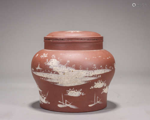 “春水石流”款 彩繪山水花卉紋紫砂蓋罐