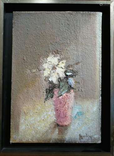BAUCHESNE Jean ( 1924 ) Bouquet de fleurs dans un vase rose....