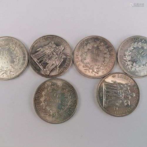 6 pièces de 10 frs argent Hercule. 150 grs