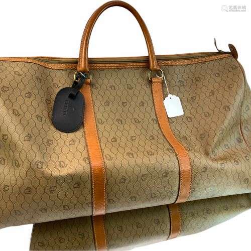 DIOR- Sac de voyage en toile monogramme et cuir marron, doub...