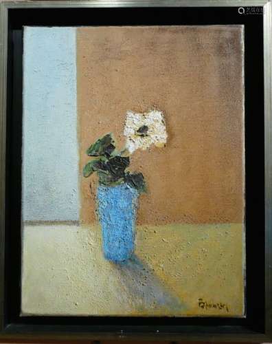 BAUCHESNE Jean ( 1924 ) Bouquet de fleurs dans un vase bleu....