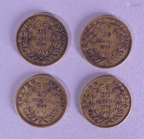 Collection: 4 pièces en or 20 FF Napoléon III, 1854A, 2x1855...
