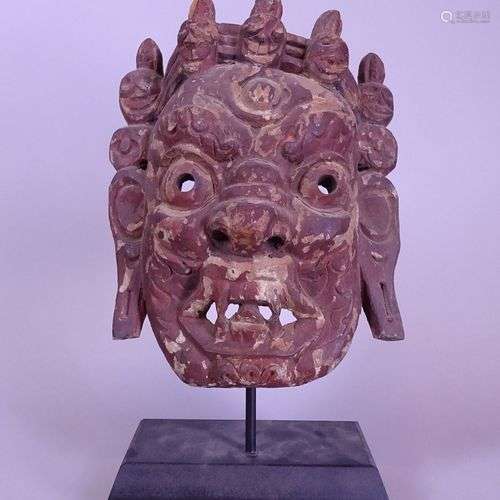 Asiatique: masque tibétain -Protecteur Mahakala- bois sculpt...