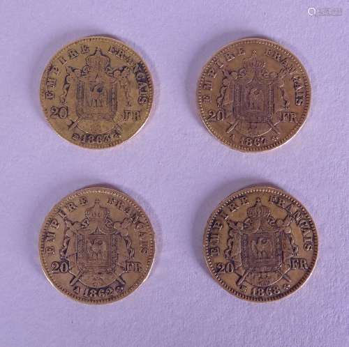 Collection: 4 pièces en or 20 FF Napoléon III, 1862A, 1863BB...