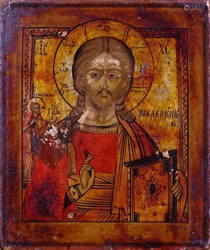 Tableau: icône tempera s/ bois -Christ Pantocrator- 19eS ano...