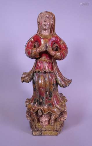 Sculpture: bois polychrome -Vierge en prière- fin 16eS début...