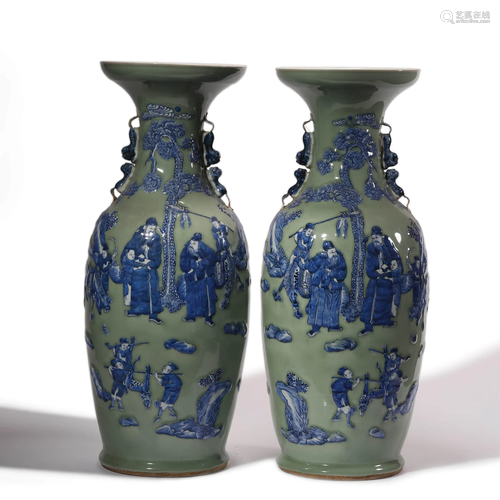 A Pair of Celadon Glaze and Underglaze Blue Figure