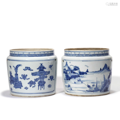 A Pair of Two Blue and White Landscape and Ancient