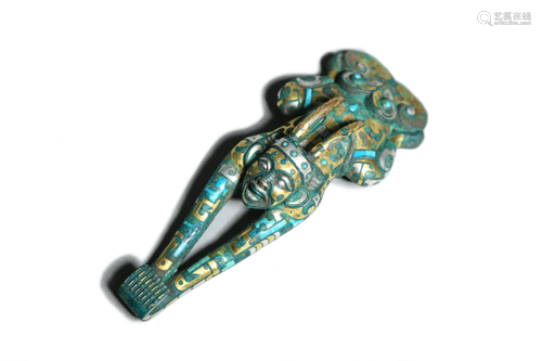 A Gold Inlaying Bronze Figural Belt Hook