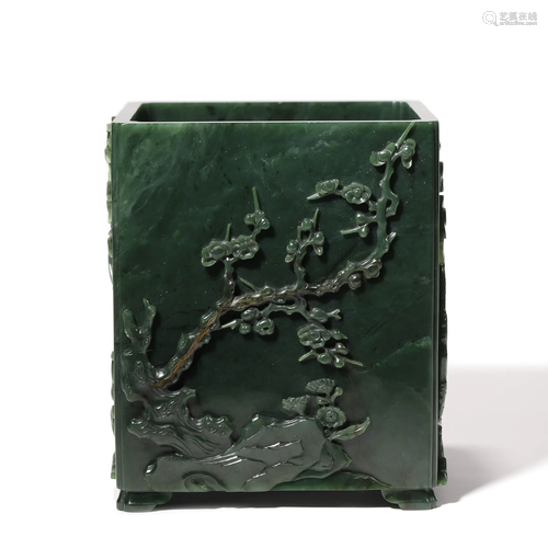 A Carved Spinach-Green Jade Square Brush Pot