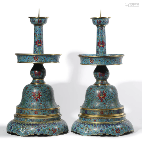 A Pair of Two CloisonnÃ© Enamel Candlesticks, Qianlong