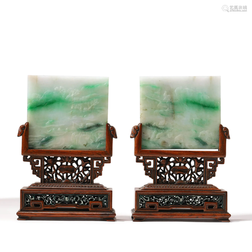 A Pair of Mottled Jadeite Table Screens