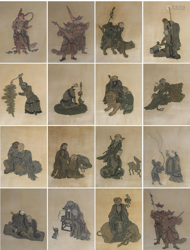 An Embroidered Album of 18 Arhats and Four Guardians