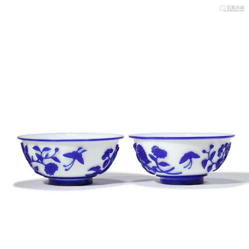 Two Blue Overlay White Flower&Butterfly Bowls