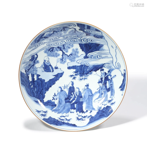 A Blue and White Scholars and Landscape Plate