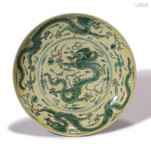 A Green Enamel Dragon Plate, Kangxi Mark