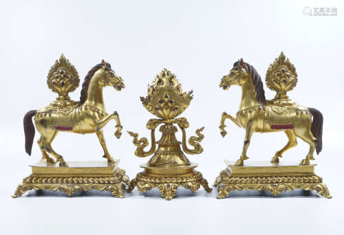 A Pair of Horse and Flaming Jewel Gilt Bronze Figures